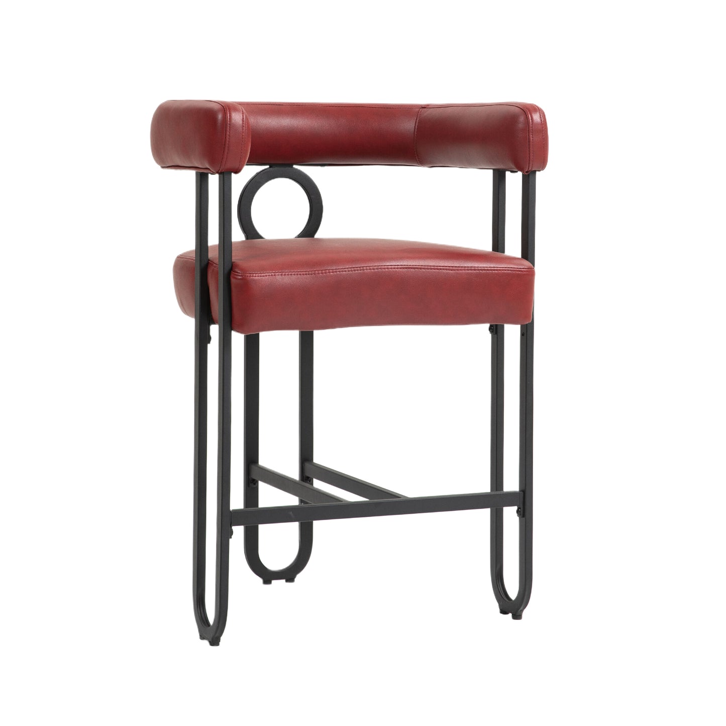 Silver - Set of 2 - 24" Wine Red PU Counter Height Bar Stools with Curved Backrest, Black Metal Frame, Thick Cushion for Kitchen or Dining Room