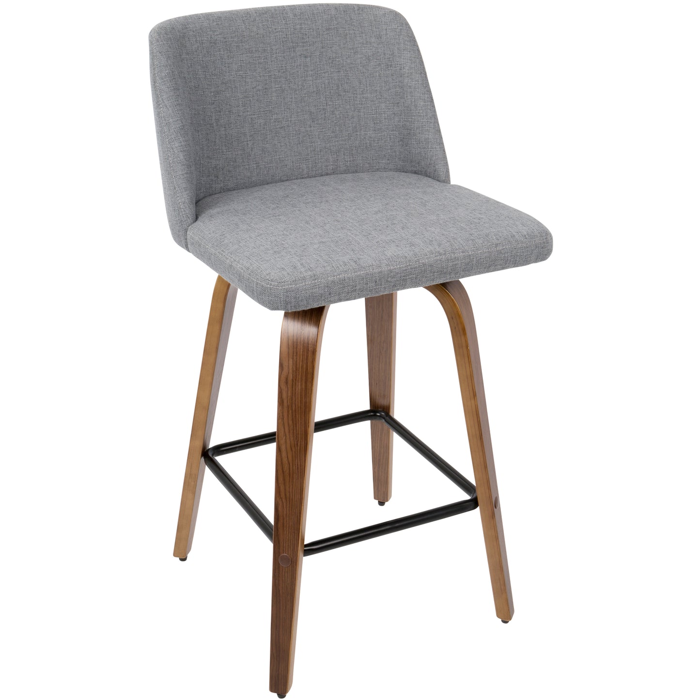 Trilynox - Set of 2 - 24" Mid-Century Modern Counter Stools with Walnut Bentwood Frame, Grey Fabric Upholstery, Footrest, and Fixed Height