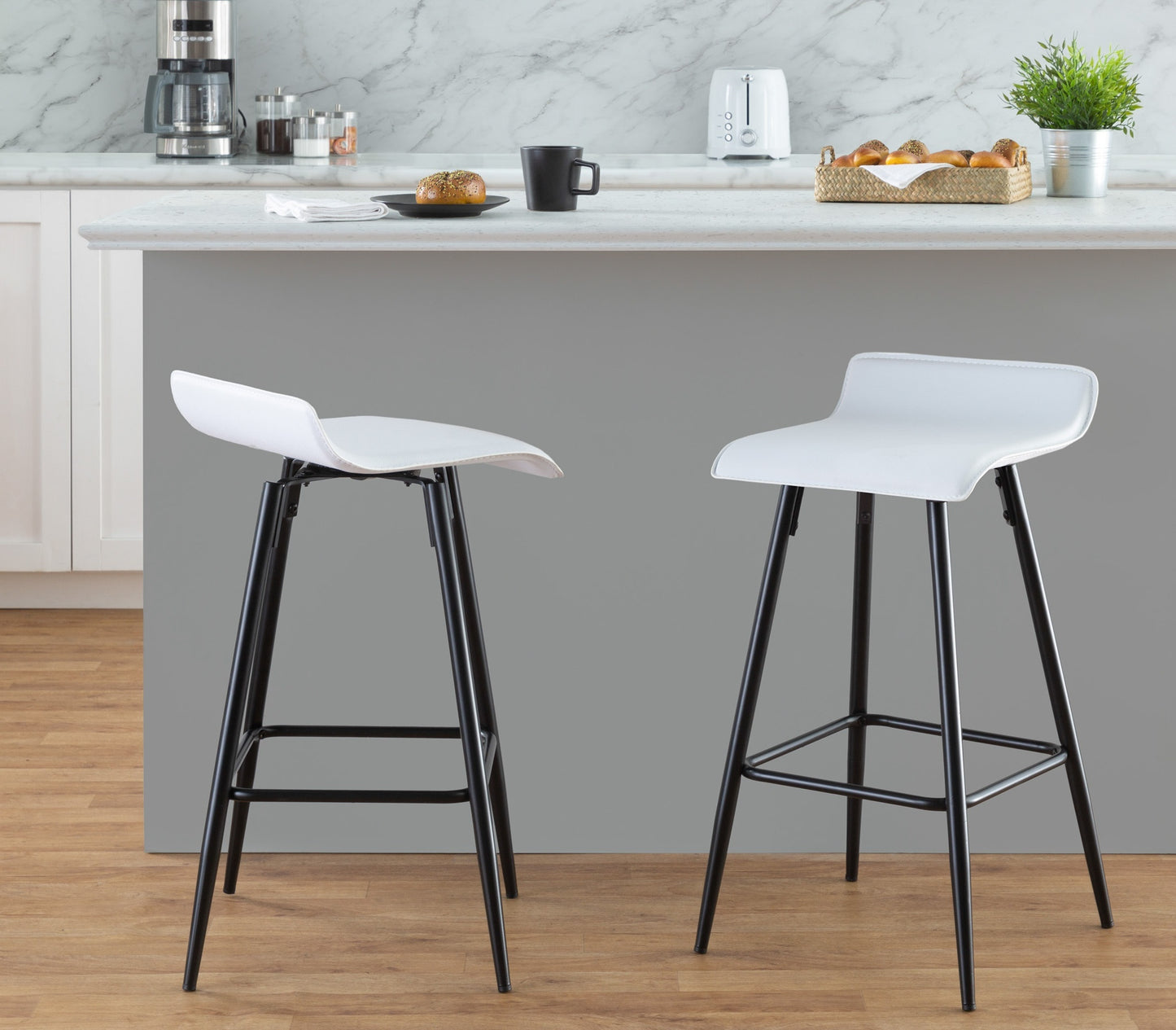 Lachlan - Set of 2 - 16" White Faux Leather Fixed-Height Counter Stools with Black Steel Frame