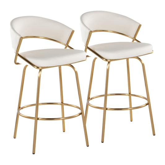 Cadena - Set of 2 - 26" White Faux Leather Counter Stools with Gold Metal Frame and Swivel Seat