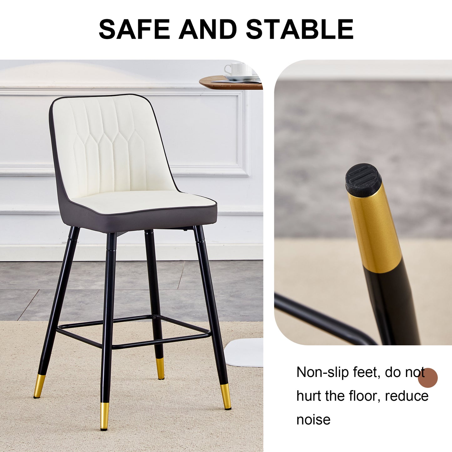 Holborn - Set of 2 - 27" Black Swivel Wood Bar Stools with High Back, Modern PU Seat, Gold Accents, and Metal Legs