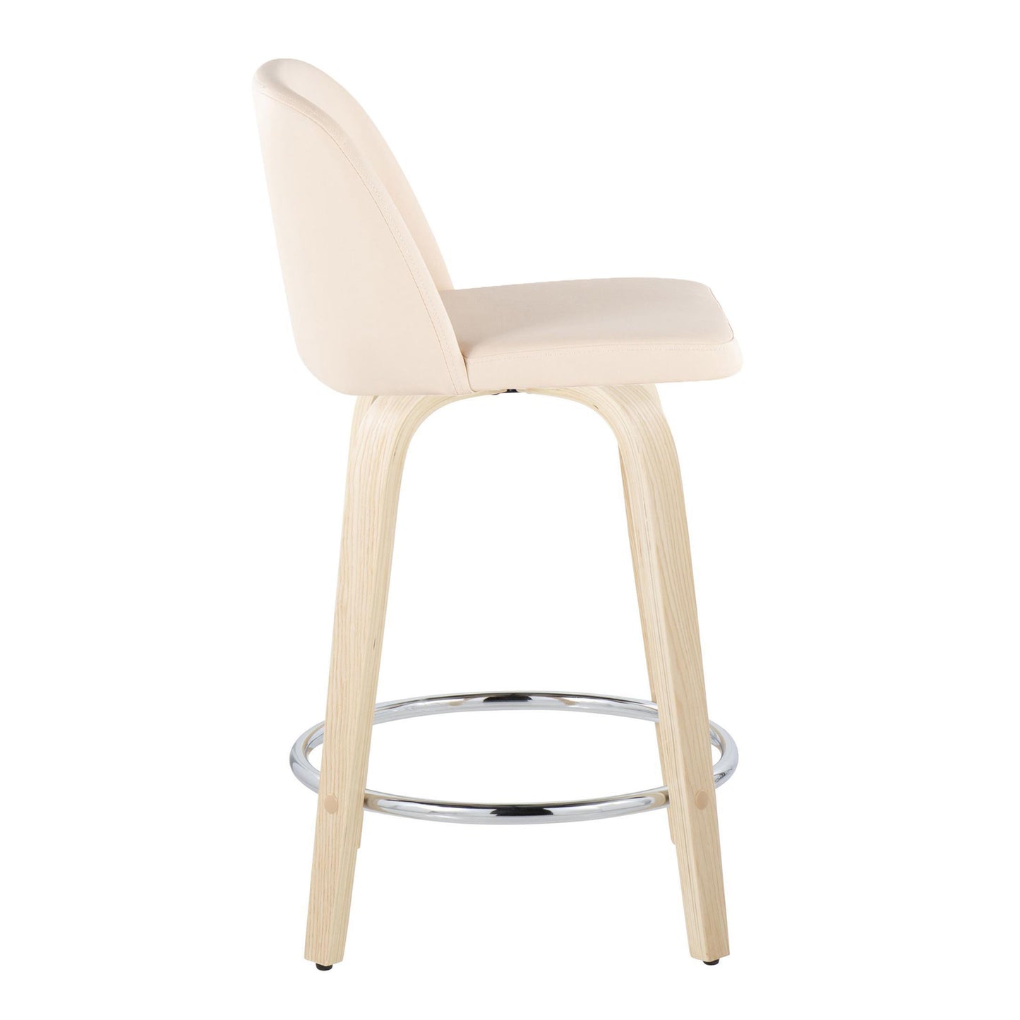 Torian  - Set of 2 - 24" Wood Swivel Counter Stools with Cream Faux Leather Upholstery and Chrome Metal Footrest