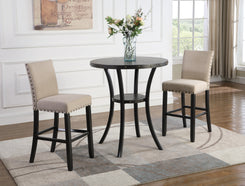 Vycenta - Set of 3 - 24" Tan Fabric Counter Height Stools with Nail Head Trim and Espresso Bar Height Table