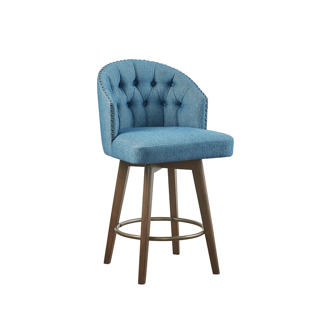 Halvoria – Set of  2- 26" Blue Upholstered 360° Swivel Counter Stool with Button