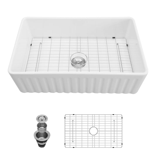 Ceramic Farmhouse Sink With Deep Basin And Stainless Steel Grid
