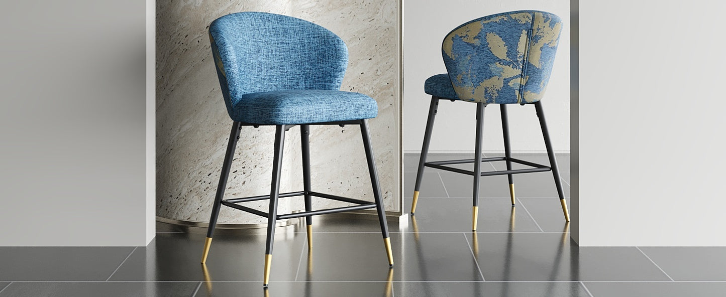 Loressa - Set of 2 - 28" Blue Jacquard Counter Height Bar Stools, Modern Wingback Design, Metal Frame with Black & Gold Footrests