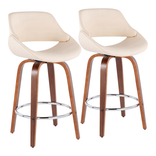 Dorset - Set of 2 - 19" Cream Faux Leather Mid-Century Counter Stools with Walnut Swivel Legs