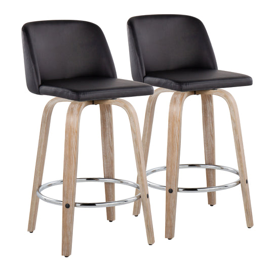 Aeromir - Set of 2 - 27" Whitewashed Wood & Black Faux Leather Swivel Counter Stools with Chrome Footrest