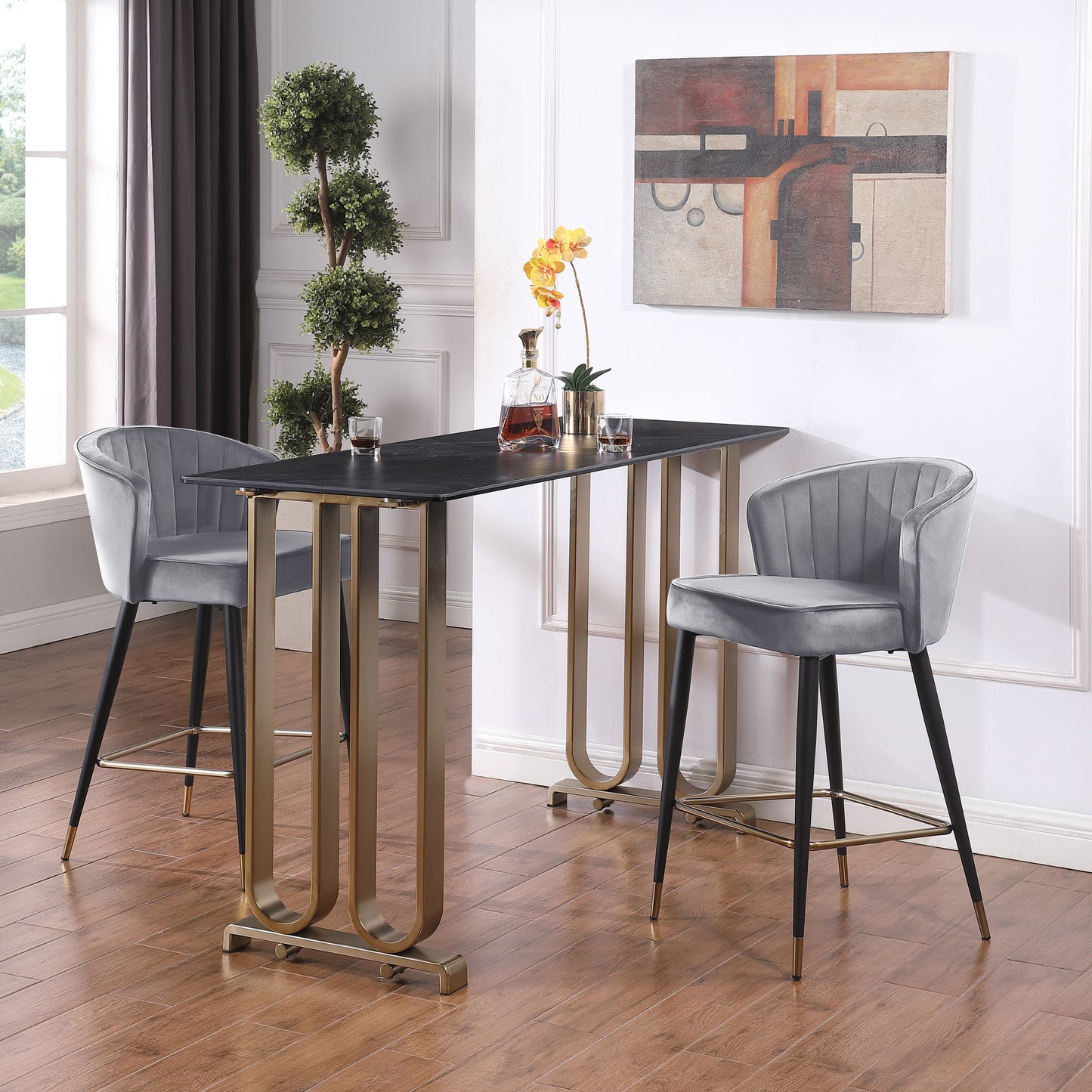 Sophia - Set of 2 - 26" Gray Velvet Upholstered Counter Height Stools with Deep Channel Tufting and Gold-Tipped Black Metal Legs