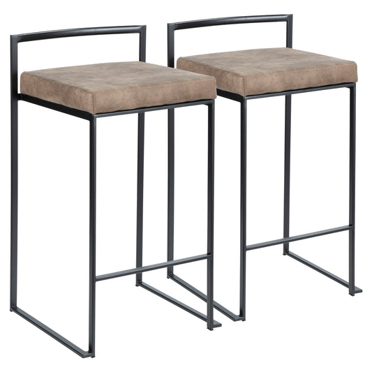 Farnsworth - Set of 2 - 24" Stackable Counter Stools with Black Frame and Brown Cowboy Fabric Cushions