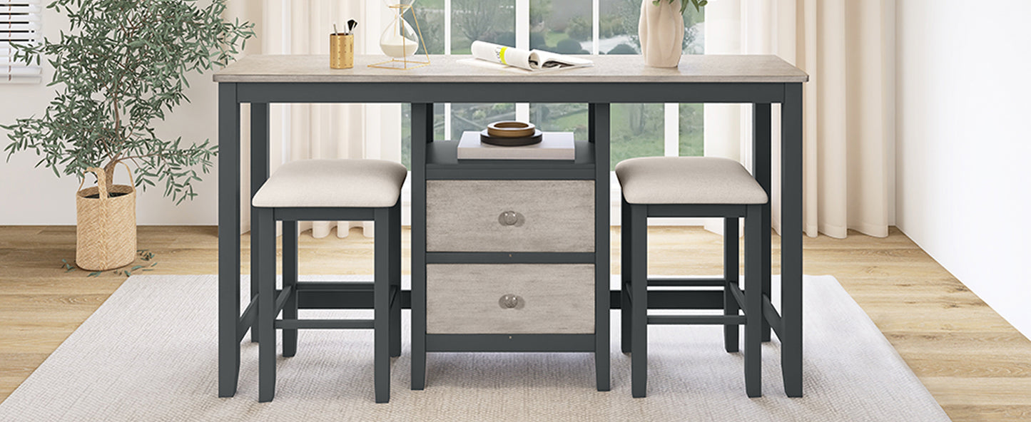 Spire 3-Piece Set – 66" Rustic Counter Height Dining Table,  Table with Storage Cabinet, 2 Drawers, and Beige Upholstered Stools, Distressed Gray Finish