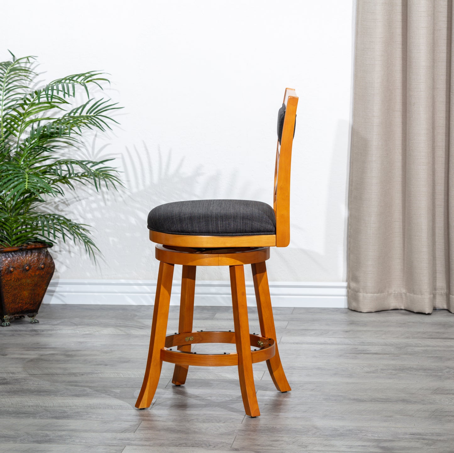 Miral - Set of 2 - 24" Counter Height Swivel Stools with Charcoal Fabric Seat, Natural Wood Finish, and X-Back Design