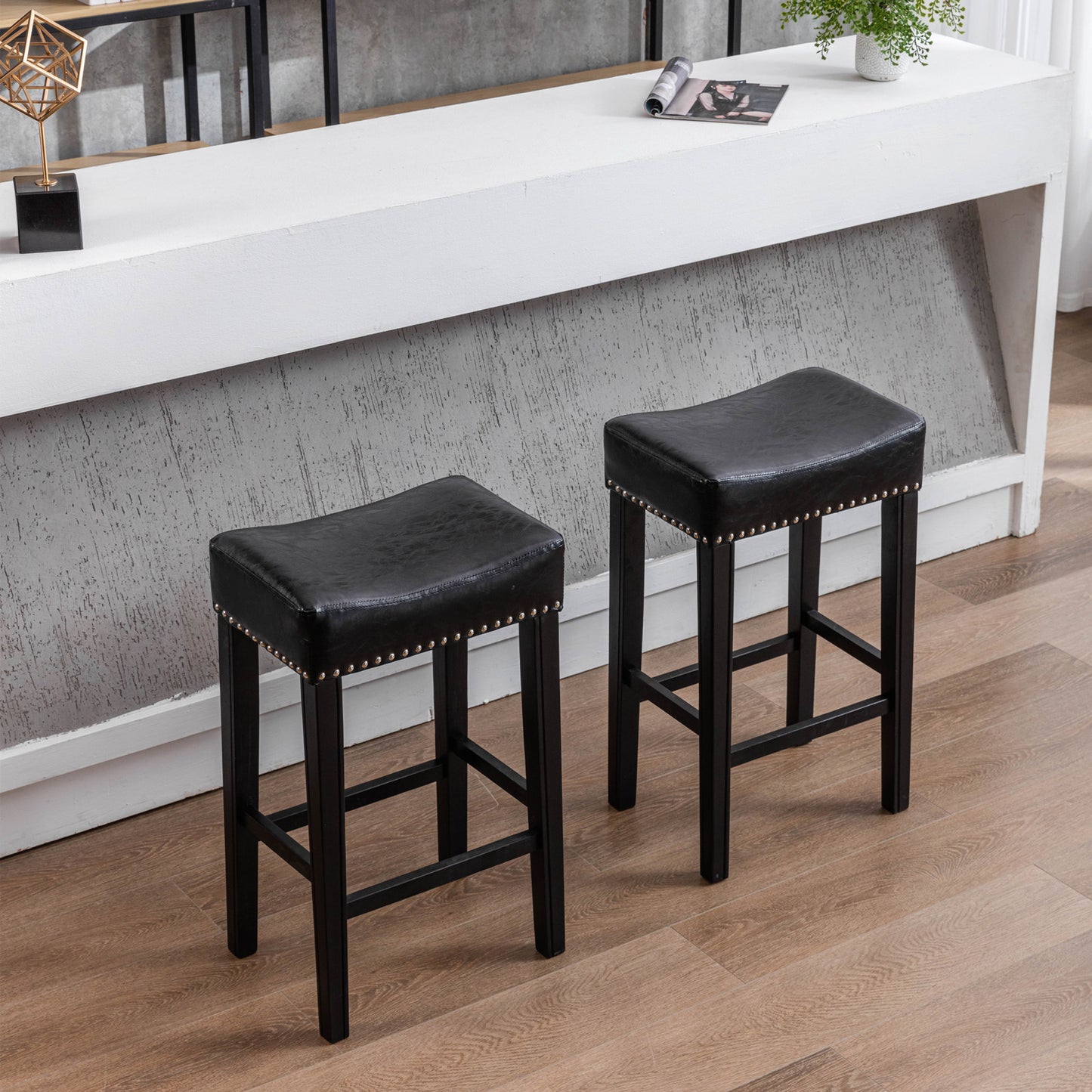 Hazelwood - Set of 2 - 29" Black Faux Leather Counter Height Stools - Backless Farmhouse Design - Comfortable Bar Chairs for Kitchen