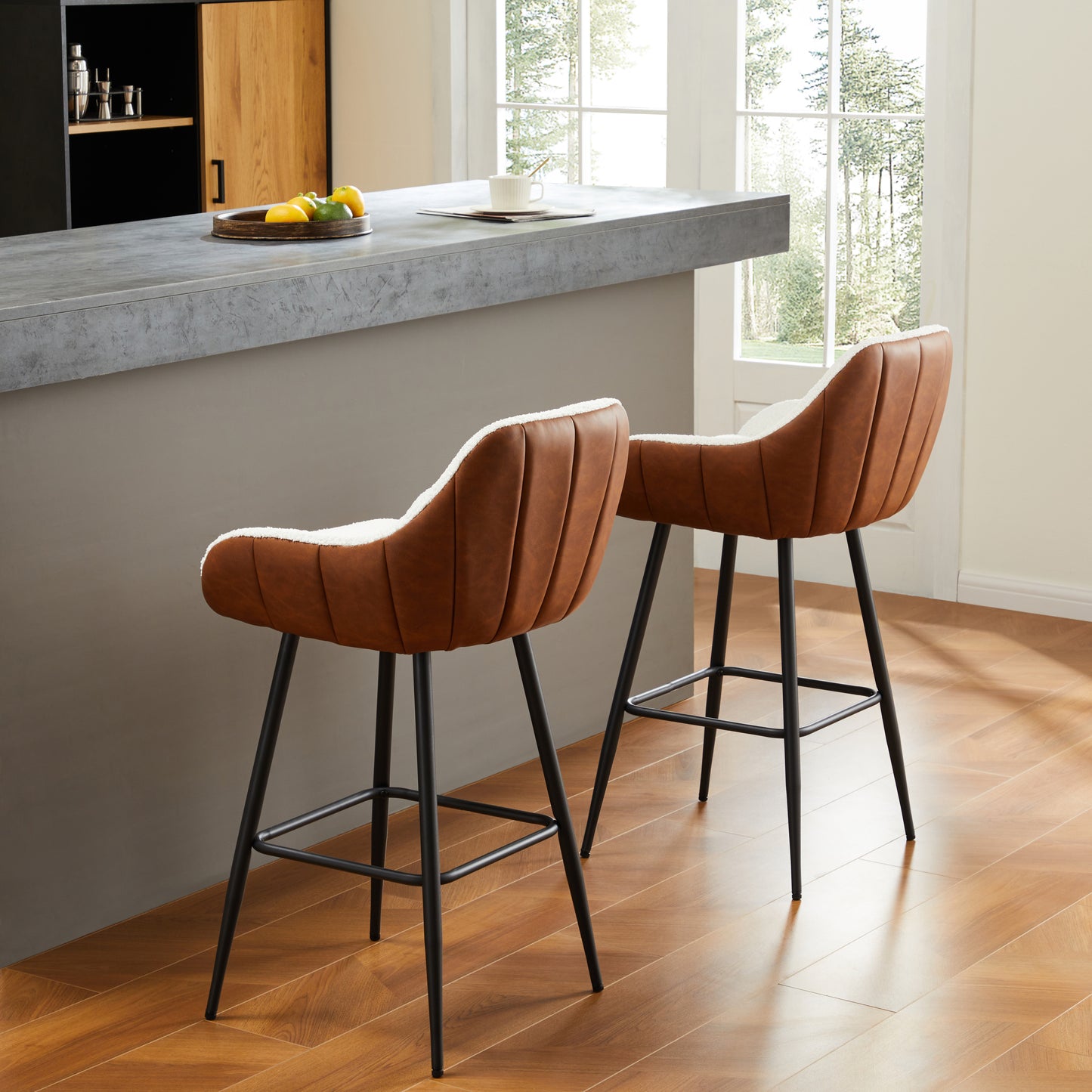 Marston - Set of 2 - 26" Modern Counter Height Bar Stools, Mid-Century Upholstered Leather Accent Armchairs with Metal Legs for Kitchen & Dining Room