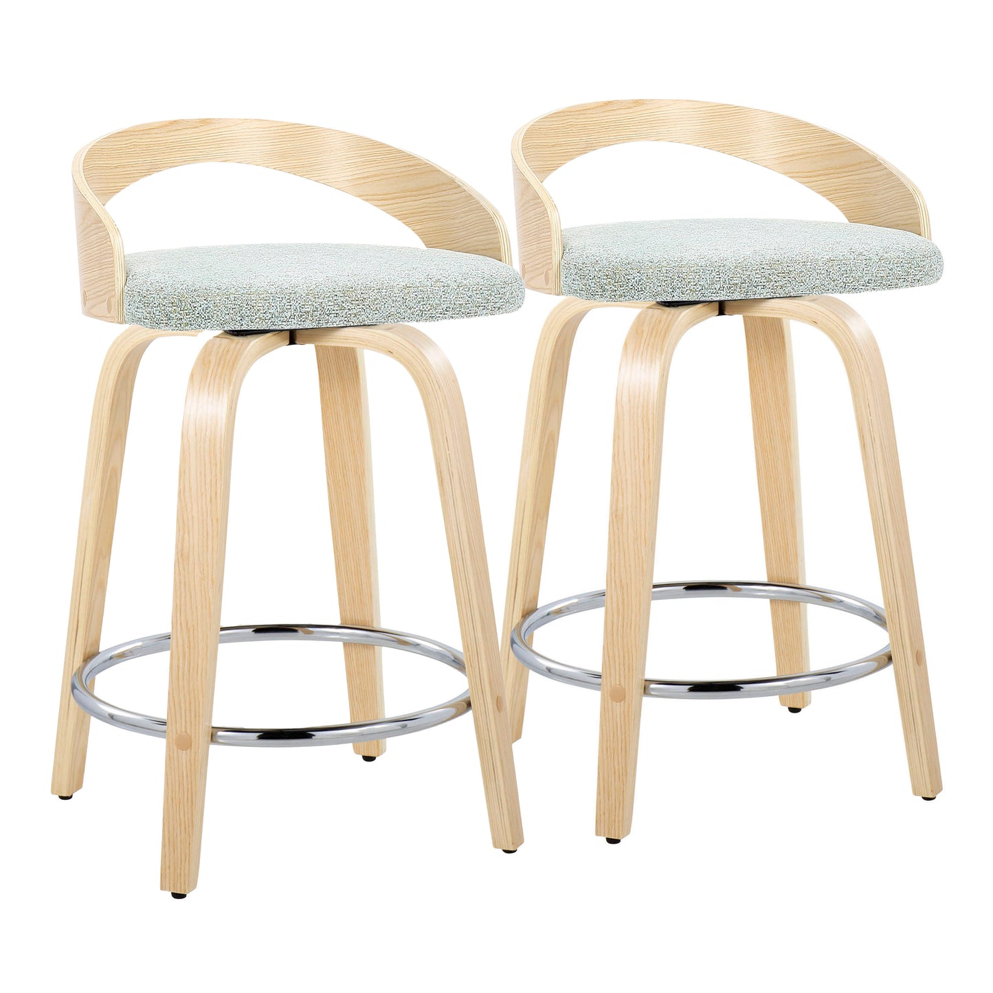 Grisel - Set of 2 - 24" Natural Wood & Light Green Fabric Counter Stools with Chrome Footrest and Swivel Seat by LumiSource