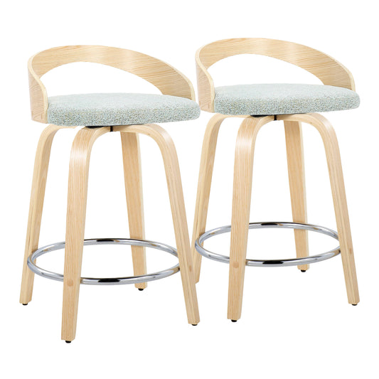 Grisel - Set of 2 - 24" Natural Wood & Light Green Fabric Counter Stools with Chrome Footrest and Swivel Seat by LumiSource