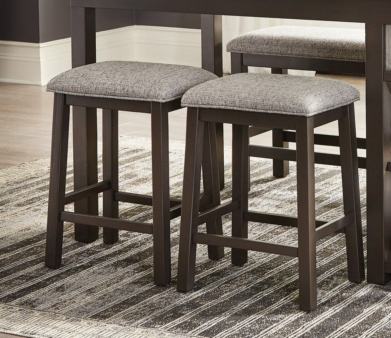 Avery - Set of 2 - 26" Gunmetal Gray Wood Counter Height Stools with Padded Fabric Seats, Modern Dining Room Furniture