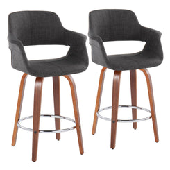 Cavalier - Set of 2 - 26" Charcoal Swivel Counter Stools with Walnut Wood and Chrome Footrest