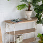 3 Tiered Wooden Shelving Unit With Ornate Iron Frame - Multicolor