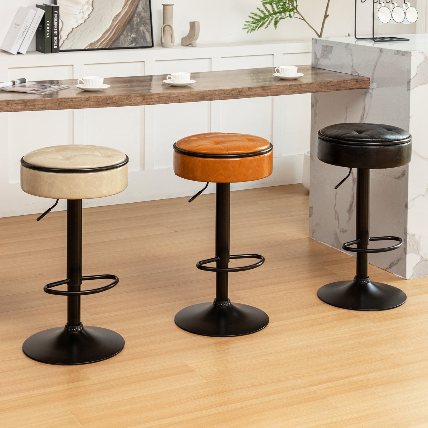 Bella Luxe - Set of 2 - 28" Swivel Khaki Faux Leather Adjustable Round Storage Bar Stools with Metal Frame, Armless Counter Height Chairs for Kitchen & Living Room