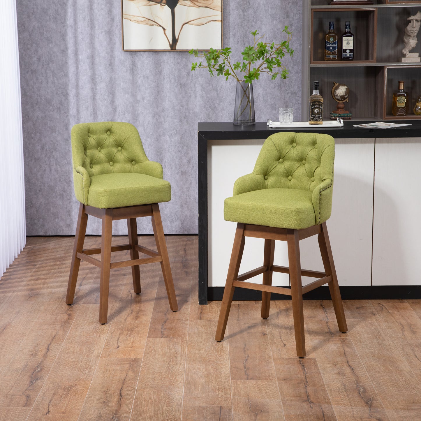 Olive - Set of 2 - 27"  Linen Swivel Counter Stools Seat with Solid Wood Legs - 360° Rotation for Kitchen & Dining Room