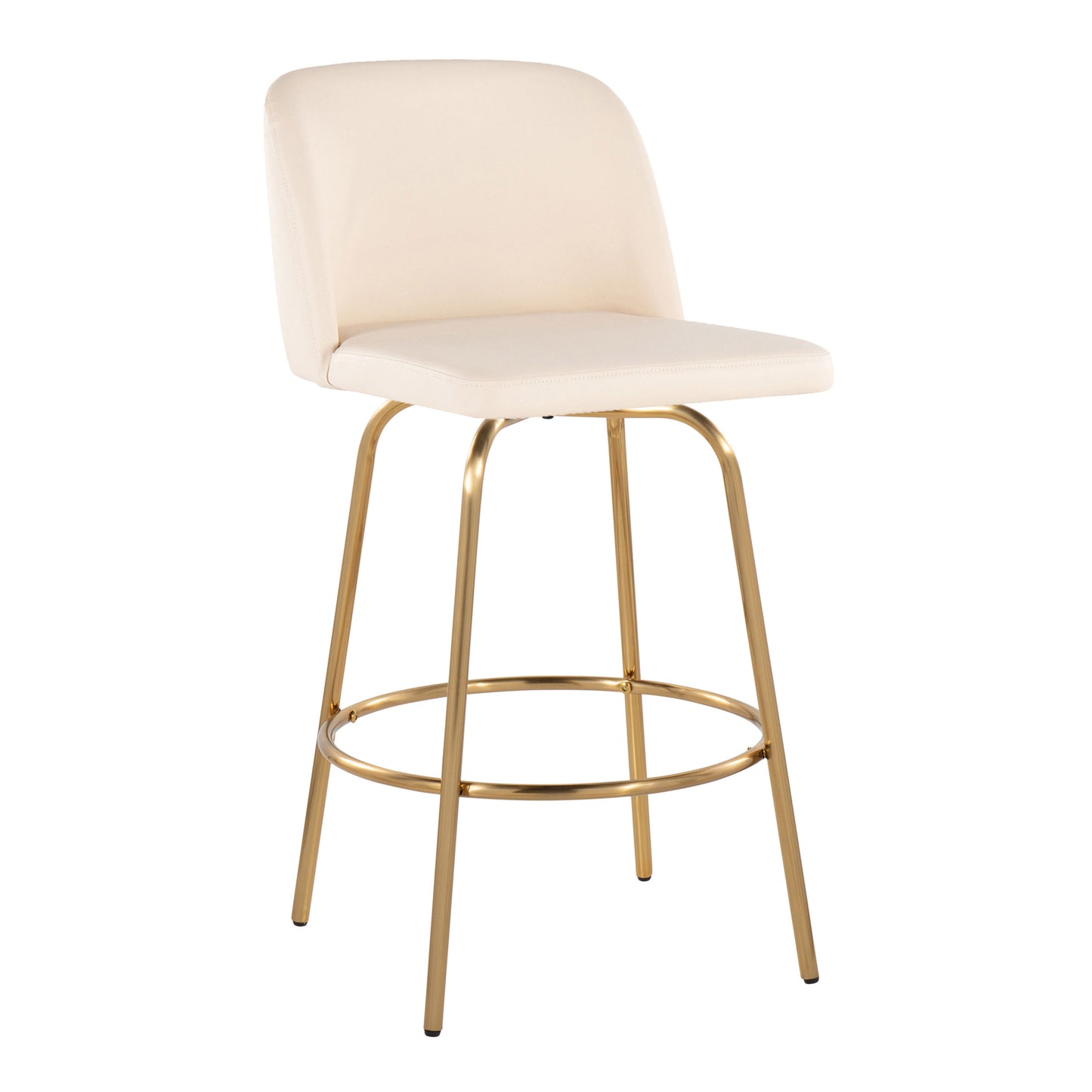 Talenisca - Set of 2 - 26" Luxurious Swivel Counter Stools with Cream Faux Leather, Gold Metal Frame, High Back, and Round Footrest