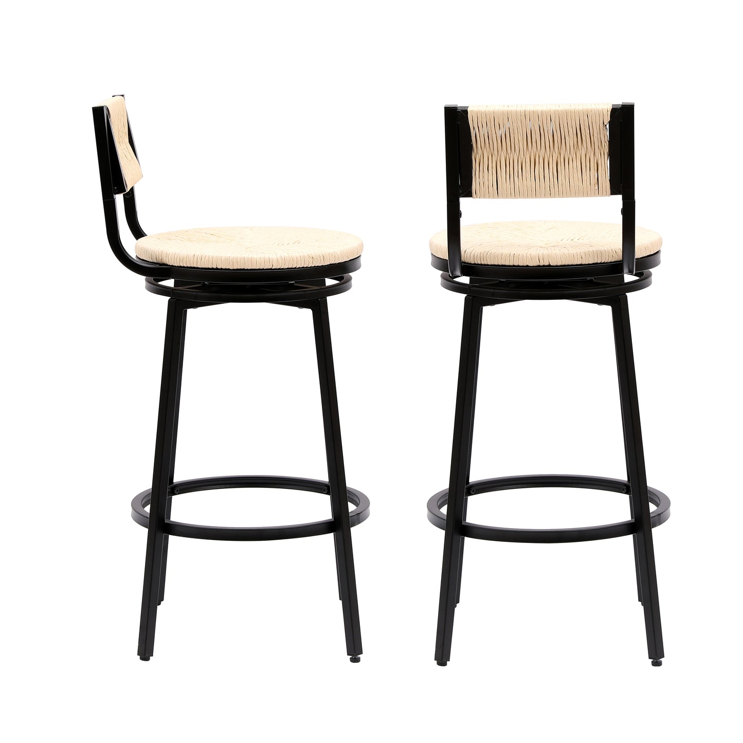 Lysander - Set of 2 - 26" Creamy White Hand-Woven Swivel Bar Stools, Black Metal Frame with Footrest, Rustic Farmhouse Style