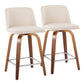 Stirua - Set of 2 - 26" Walnut Wood & Cream Fabric Mid-Century Counter Stools with Swivel & Chrome Footrest