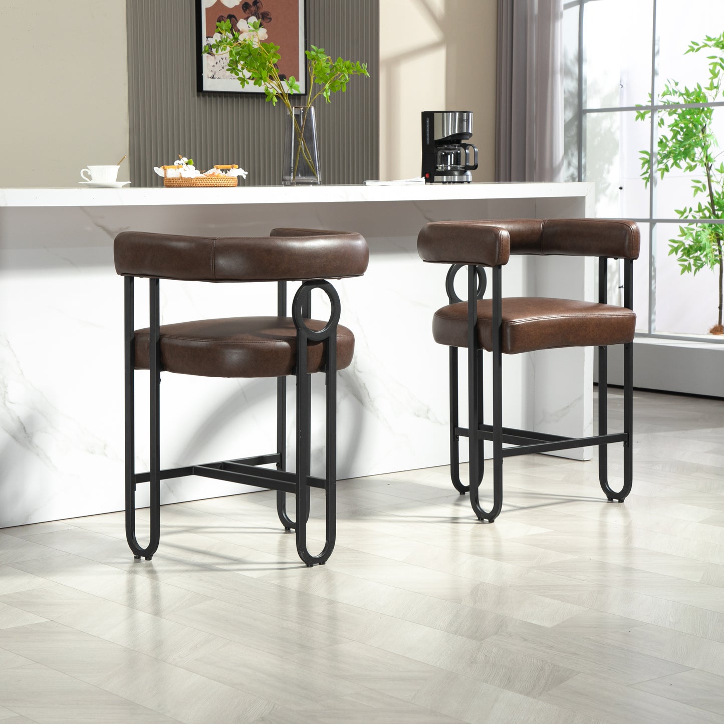 Callan - Set of 2 - 24" Dark Brown PU Bar Stools with Round Cushions, Curved Backrest, and Modern Black Metal Frame