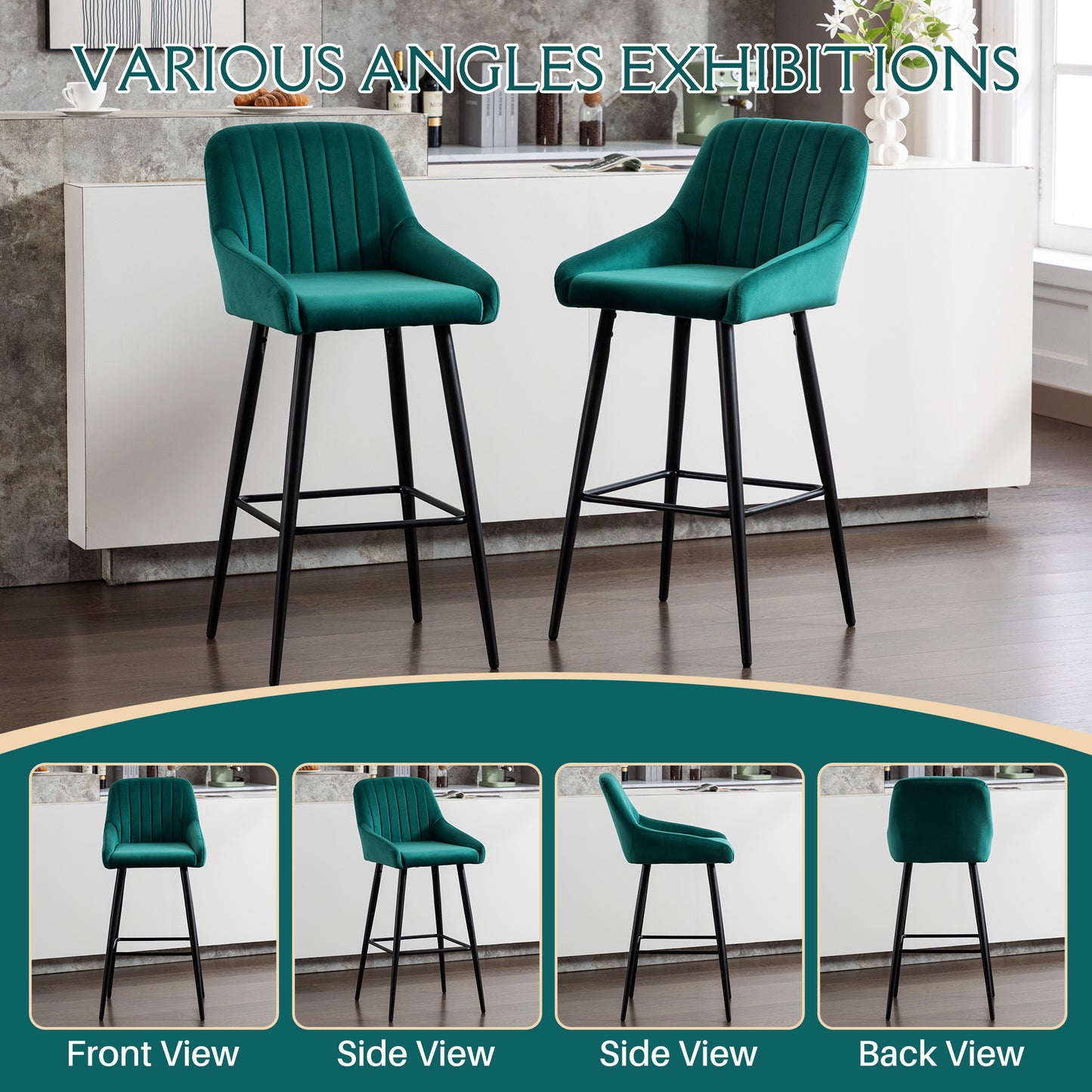 Harlano - Set of 2 - 24" Green Velvet Upholstered Bar Stools with High Back & Metal Legs