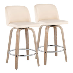 Tandria - Set of 2 - 26" Contemporary Cream Faux Leather Swivel Counter Stools with Whitewashed Wood Legs and Chrome Footrest