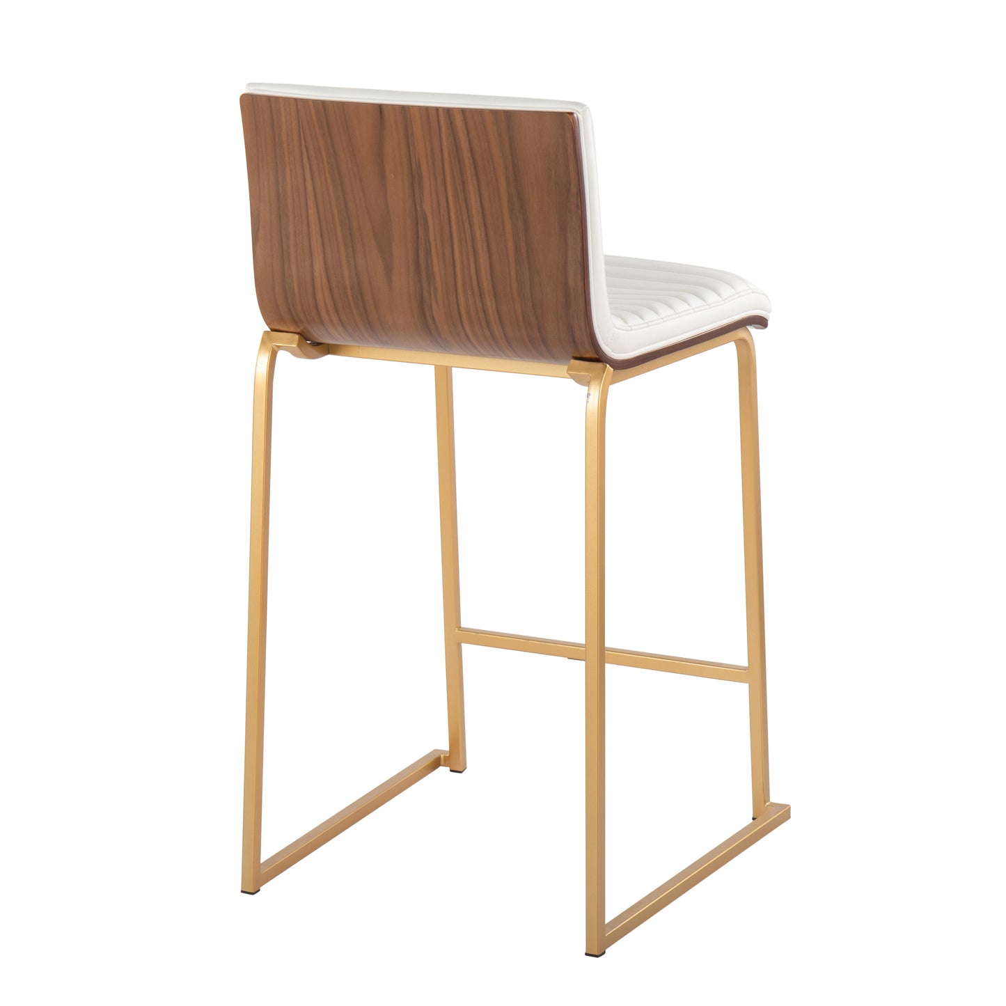 Aurelius - Set of 2 - 26" Fixed-Height Counter Stools in Gold Metal, Walnut Wood, and White Faux Leather