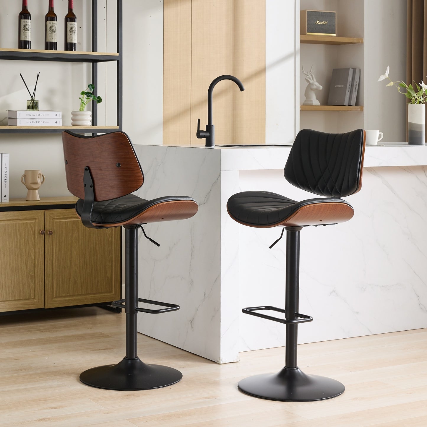 Alessa - Set of 2 - 26" Adjustable Walnut Bentwood & Black Leather 360° Swivel Bar Stools