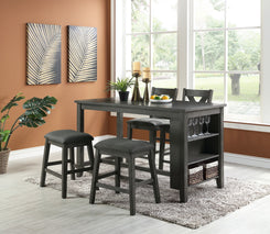 Hadrian - Set of 2 - 24" Gray Wash Counter Height Dining Set with Storage Shelves, High Chairs & Stools - Solid Acacia Wood