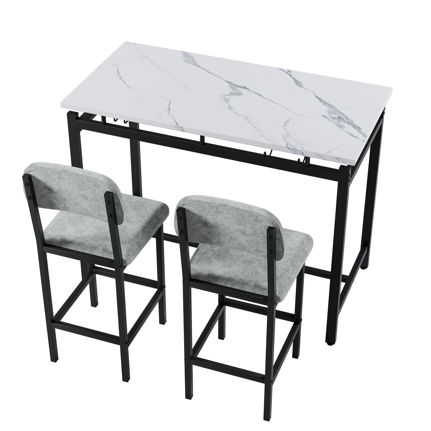 Hadria - Set of 2 - 28"  Gray Bar Table Set with 2 Upholstered Chairs, Compact Dining Table for Small Spaces, Rustic Pub and Breakfast Nook