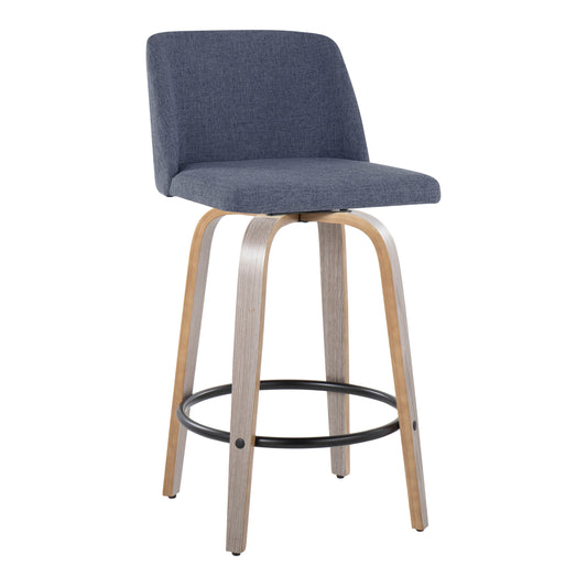 Clovent - Set of 2 - 24" Counter Stools - Light Grey and Blue Fabric Swivel Black Metal Footrest