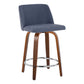 Terelle- Set of 2 - 24" Blue Swivel Mid-Century Modern Counter Stools with Walnut Wood Legs and Chrome Footrest