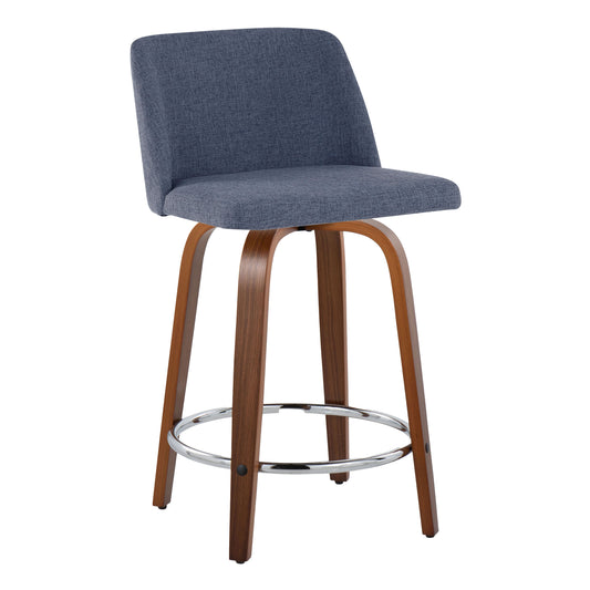 Terelle- Set of 2 - 24" Blue Swivel Mid-Century Modern Counter Stools with Walnut Wood Legs and Chrome Footrest