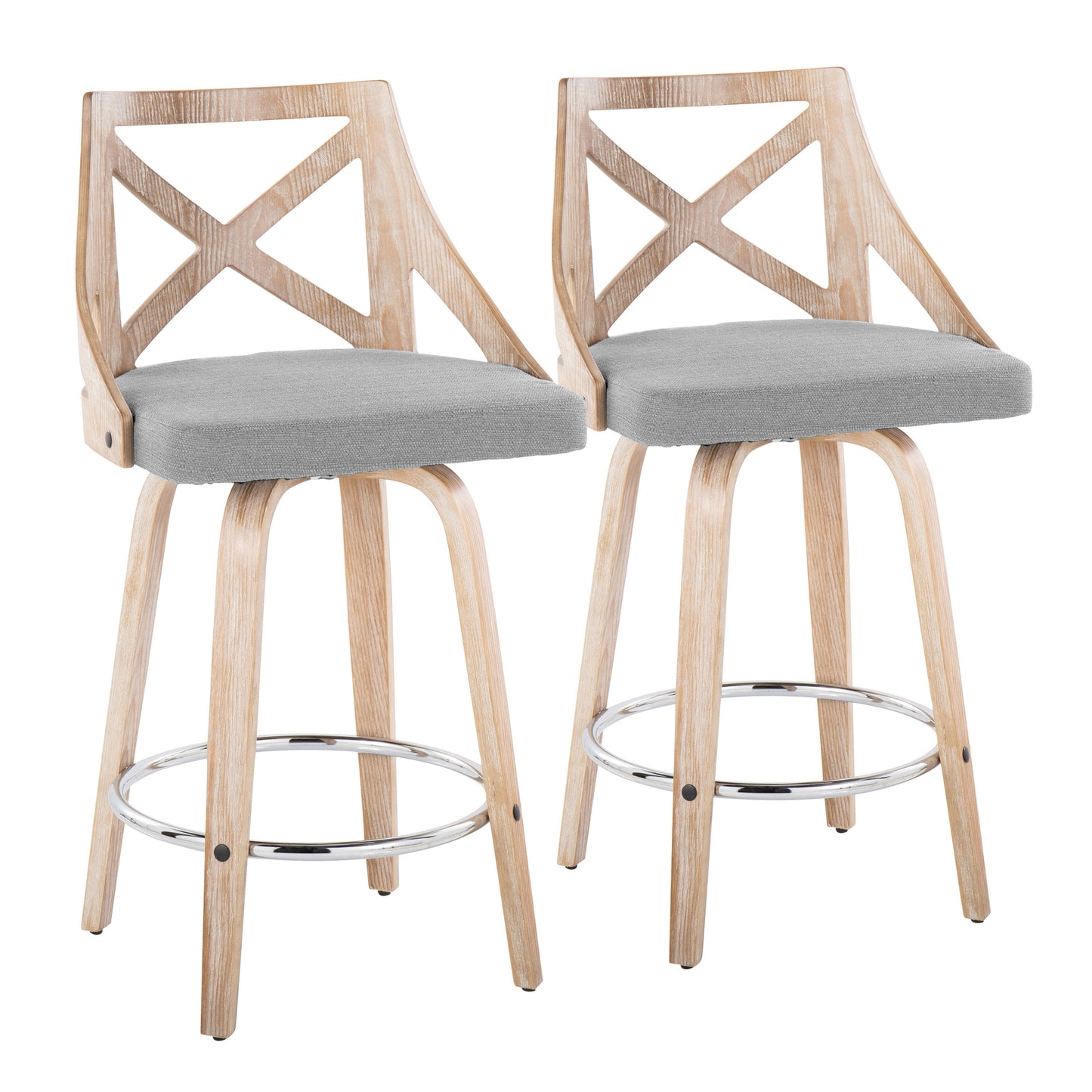 Ivanna - Set of 2 - 26" Fixed-Height Farmhouse Swivel Counter Stools with Light Grey Fabric, Whitewashed Wood, and Chrome Metal Footrest