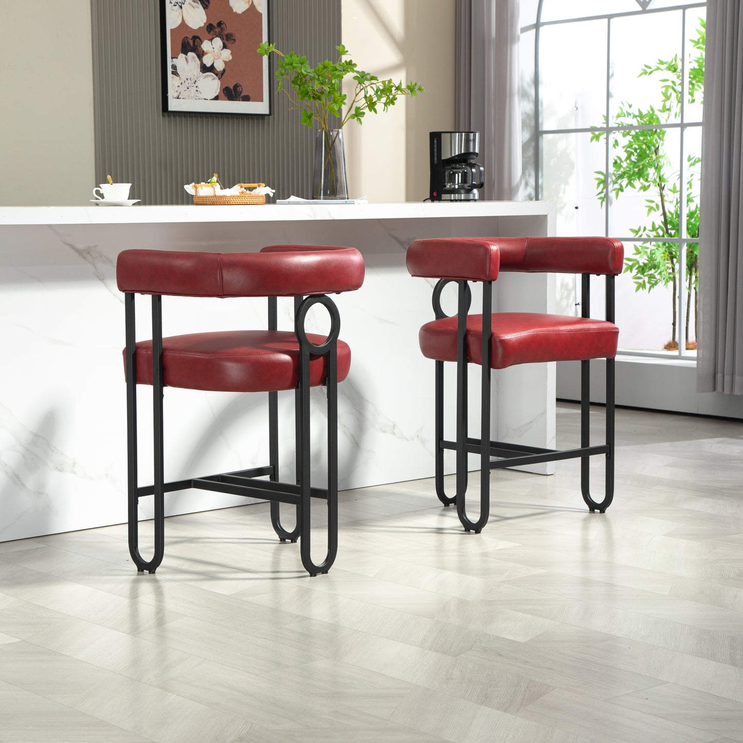 Silver - Set of 2 - 24" Wine Red PU Counter Height Bar Stools with Curved Backrest, Black Metal Frame, Thick Cushion for Kitchen or Dining Room