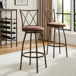 Victoria - Set of 2 - Brown Industrial Bar Stools with Cushioned Seats and Footrests for Indoor Bar, Dining, or Kitchen