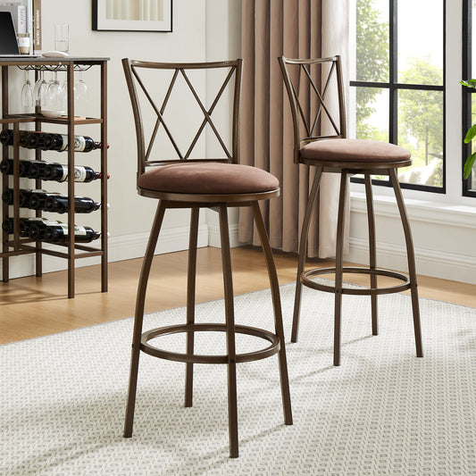 Victoria - Set of 2 - Brown Industrial Bar Stools with Cushioned Seats and Footrests for Indoor Bar, Dining, or Kitchen