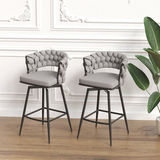 Malor - Set of 2 - 39" Grey Woven Linen Bar Stools with 360° Swivel Seat, Padded Backrest, Footrest, and Black Metal Legs