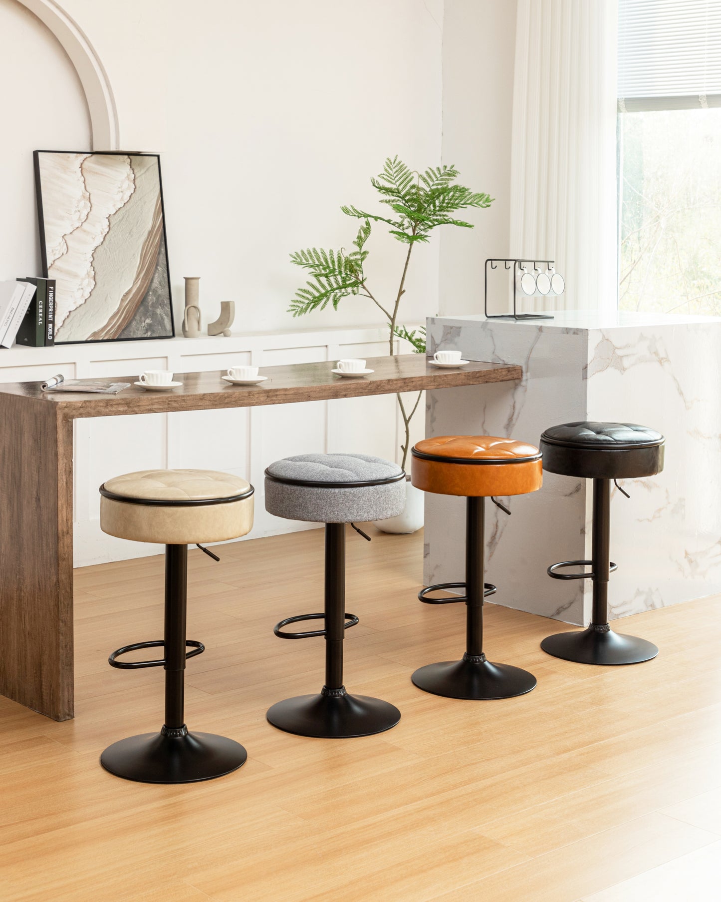 Bella Luxe - Set of 2 - 28" Swivel Khaki Faux Leather Adjustable Round Storage Bar Stools with Metal Frame, Armless Counter Height Chairs for Kitchen & Living Room