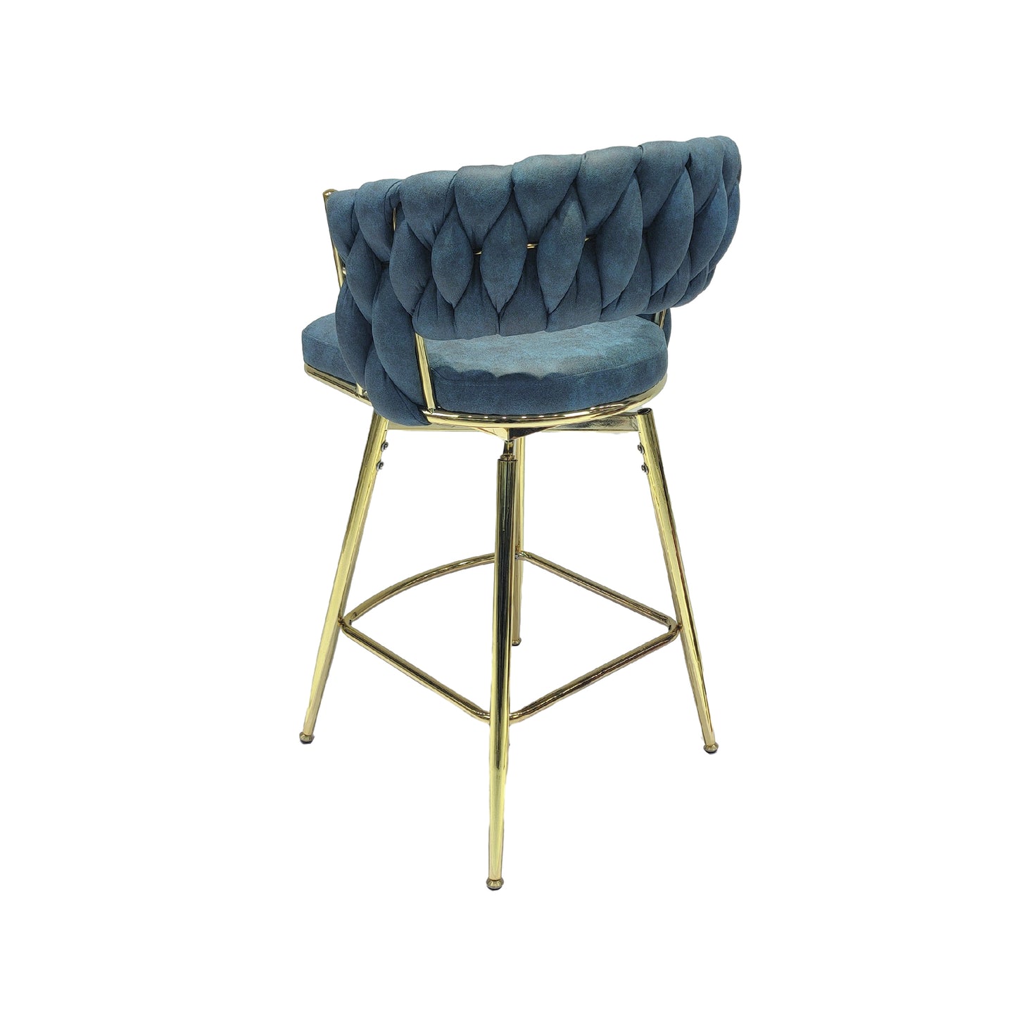 Haythorne - Set of 2 - 26" Blue Suede Woven Swivel Bar Stools with Armrest & Footrest - Gold Legs for Kitchen Island