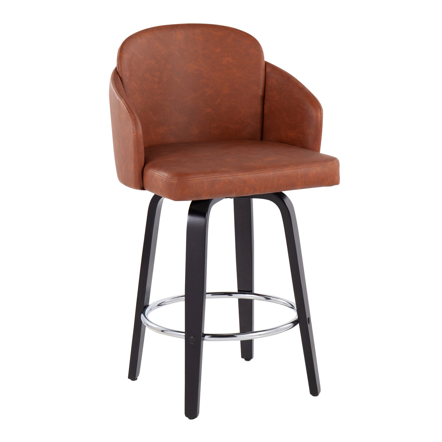 Darius - Set of 2 - 24" Black Wood Counter Stools with Camel Faux Leather Upholstery and Round Chrome Footrest