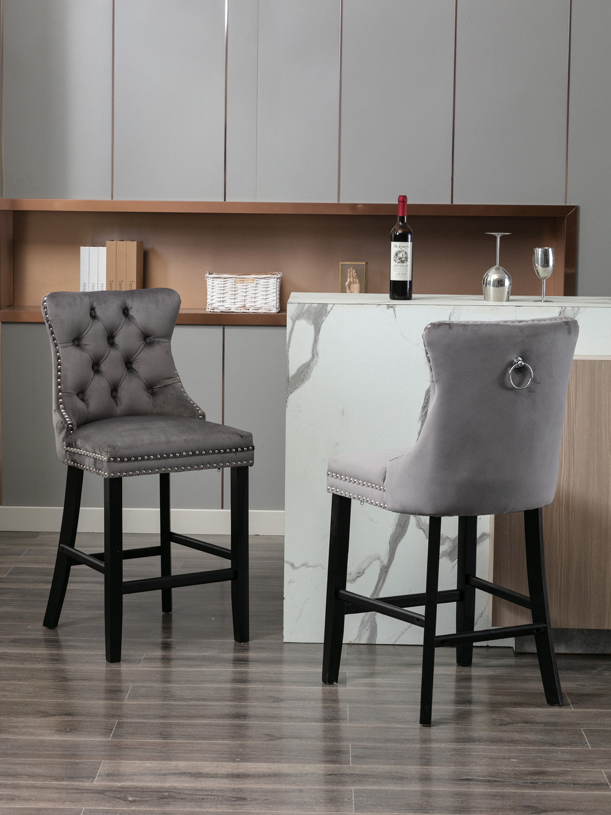 Gualtier - Set of 2 - 28" Velvet Upholstered Barstools with Button Tufted Design, Chrome Nailhead Trim, and Wooden Legs