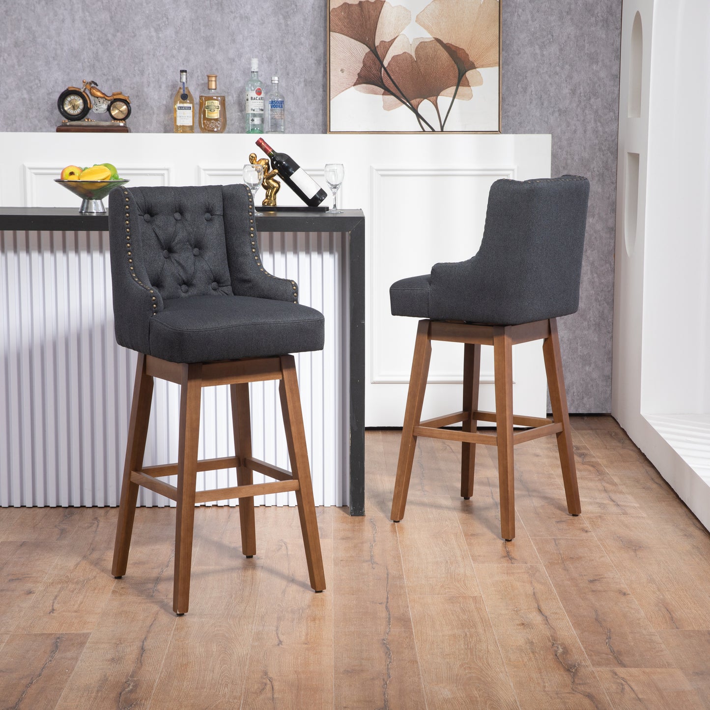 Marthlian - Set of 2 - 25" Navy Linen Counter Height Bar Stools with 360° Swivel, Footrest, Solid Wood Legs, and Retro Style for Kitchen or Dining Room