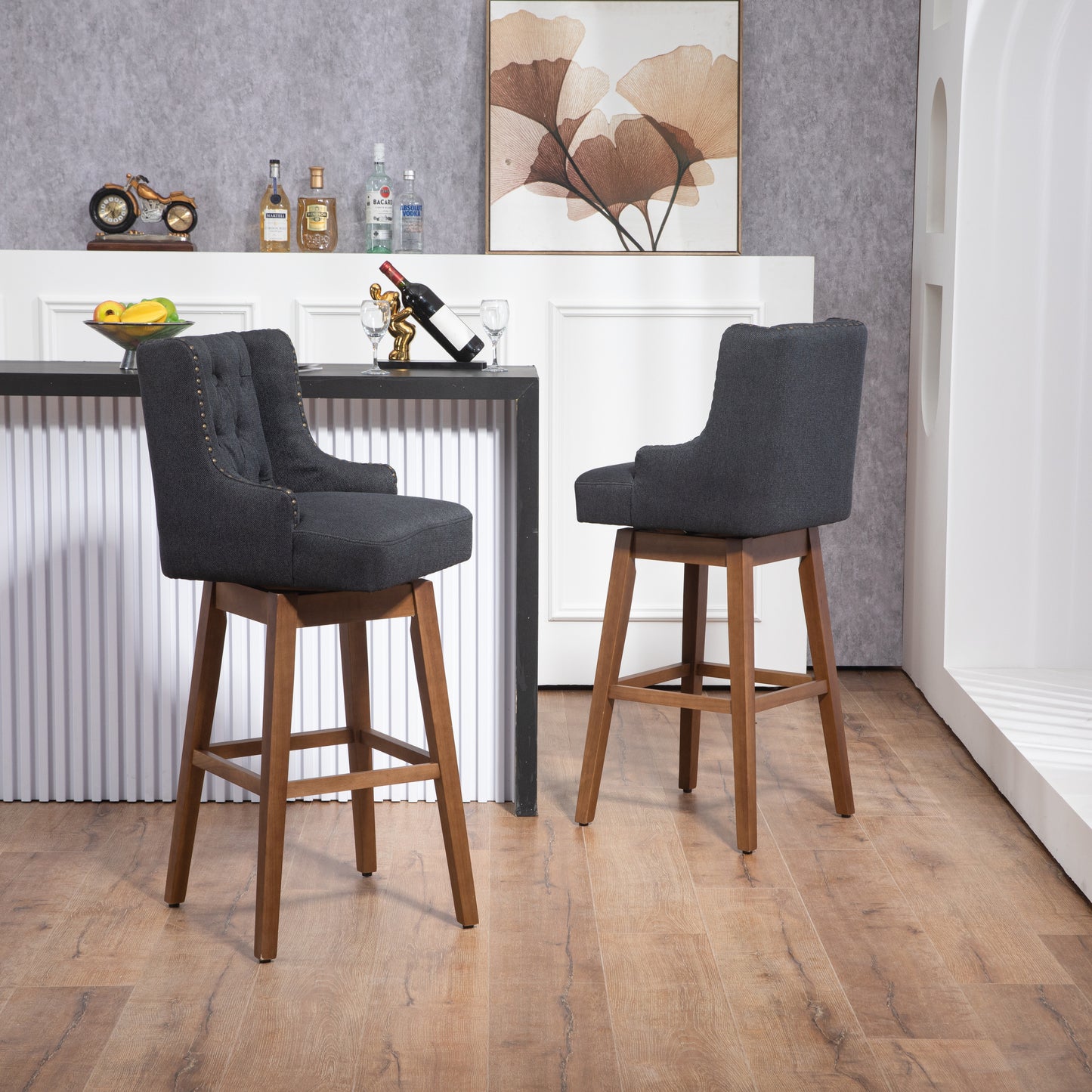 Helvion - Set of 2 - 29.92" Black Linen Swivel Counter Height Bar Stools with Solid Wood Legs and High Back