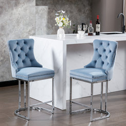 Salessa - Set of 2 - 26" Counter Height Light Blue Upholstered Kitchen Island Chairs with Button Tufted Back & Chrome Base